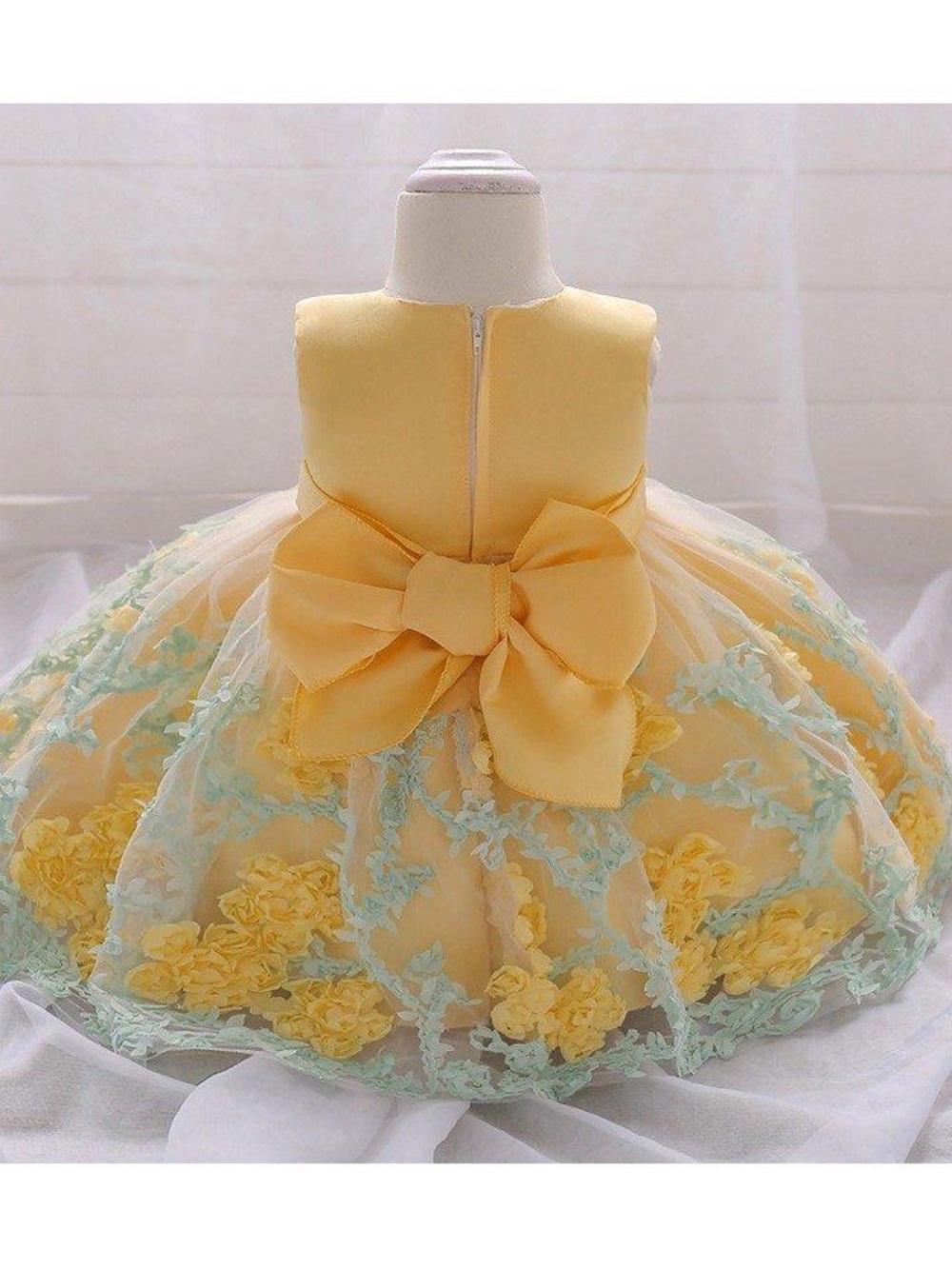 Baby Girl Yellow Floral Tulle Bow Dress Size 9-12months